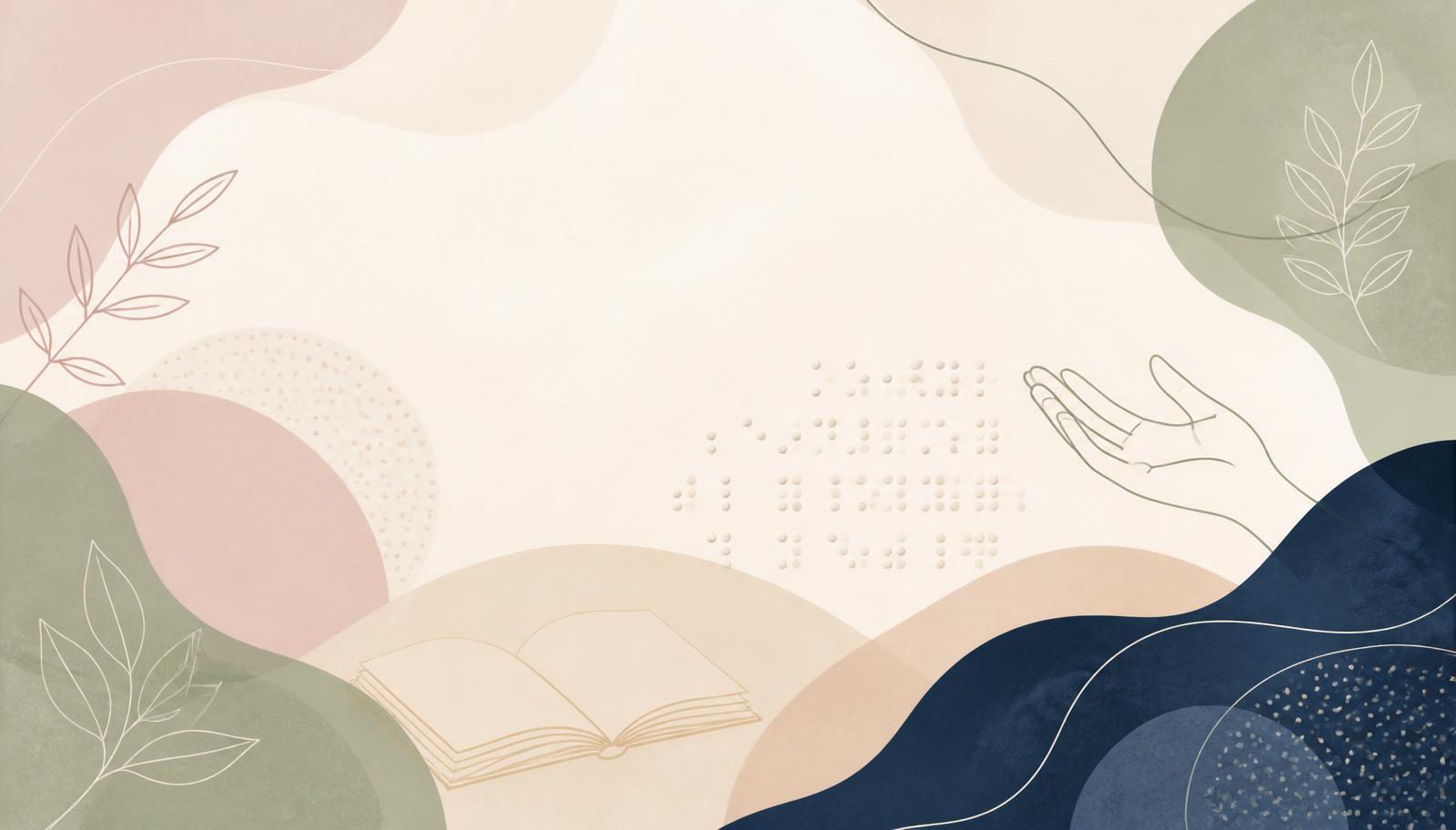 Ilustração com formas suaves, um livro aberto, pontos em relevo e folhas, representando educação inclusiva